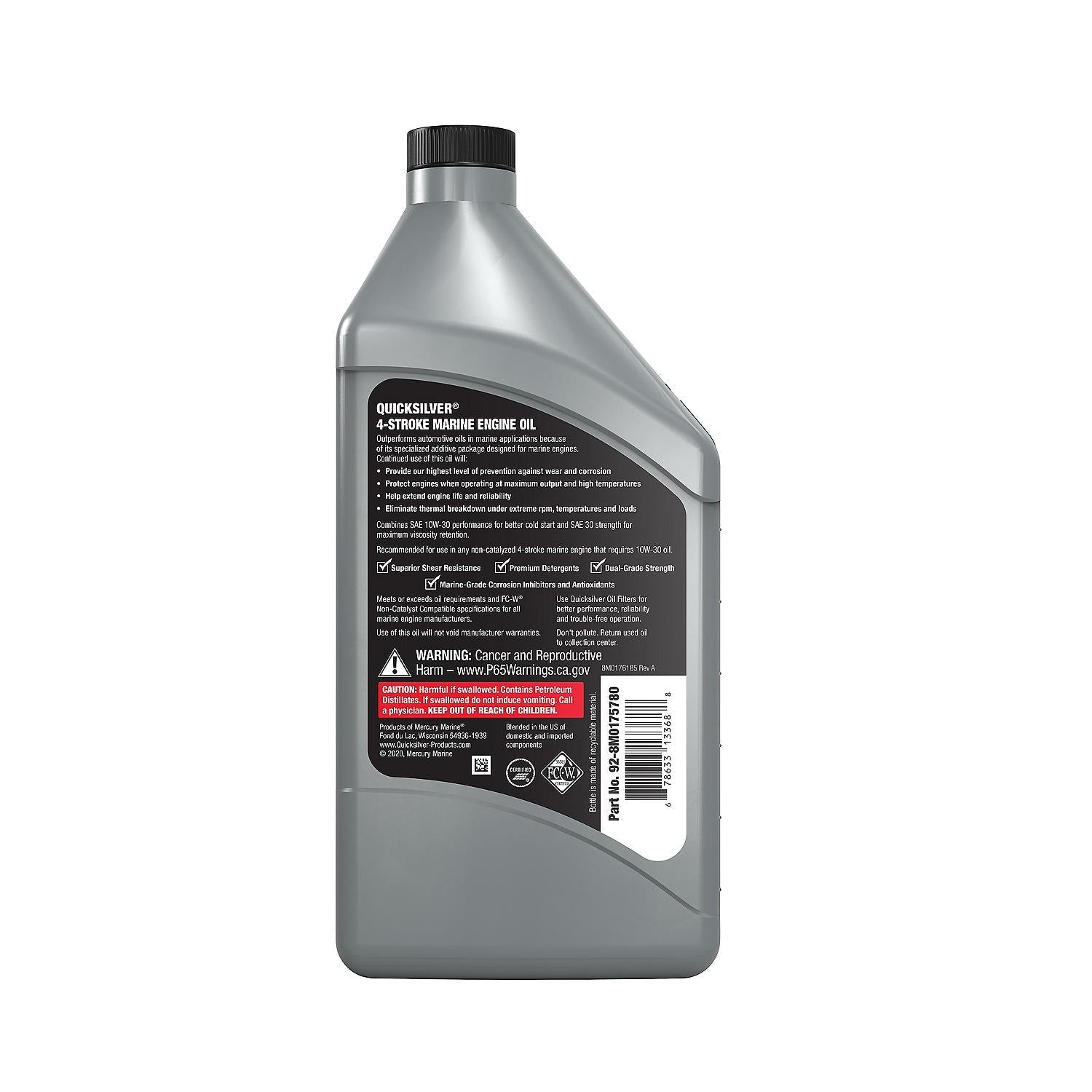 Quicksilver 10W-30 4-Stroke Full Synthetic Marine Engine Oil, 1 Quart
