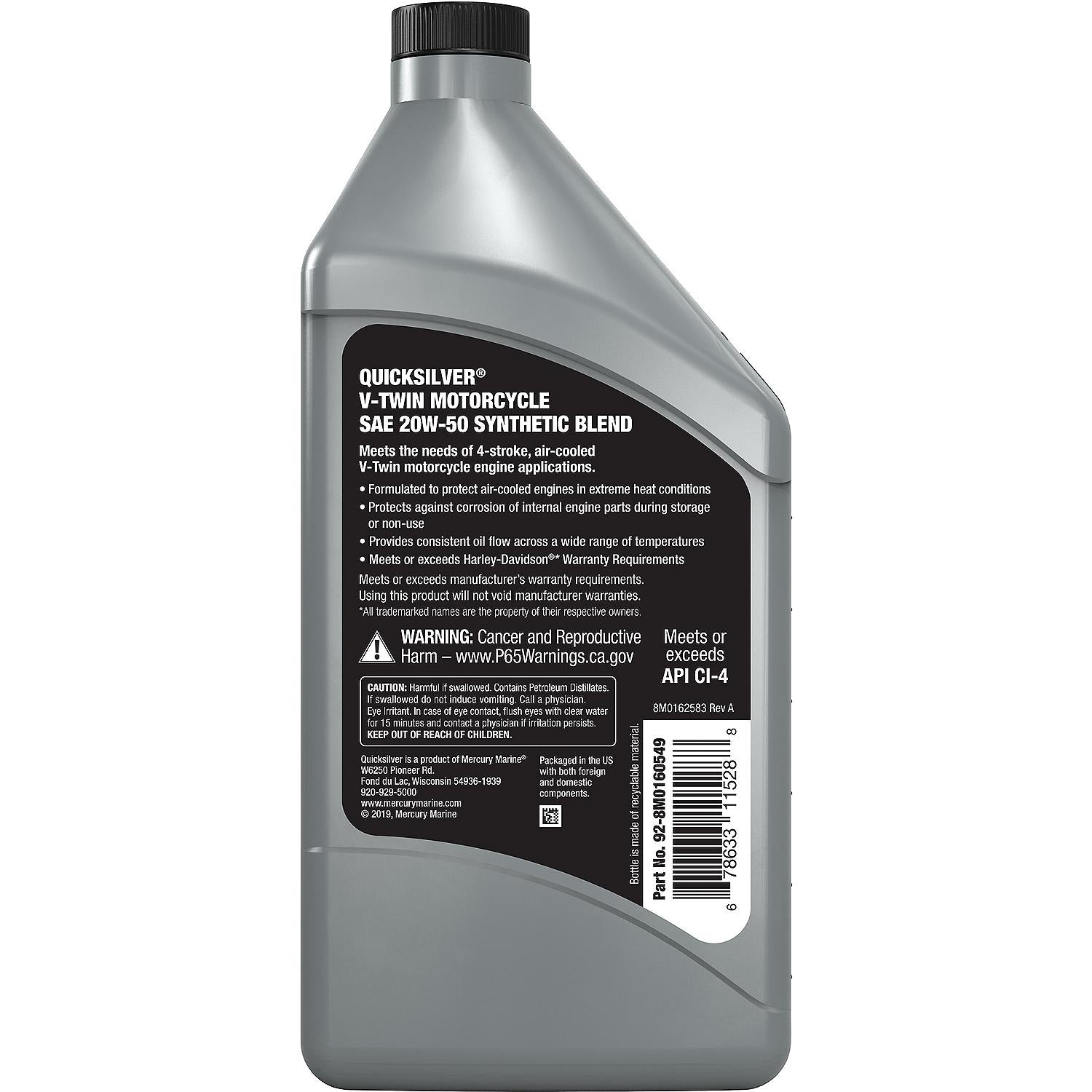 Quicksilver 20W-50 4-Stroke Synthetic Blend Motorcycle Oil, 1 Quart, Qty 6