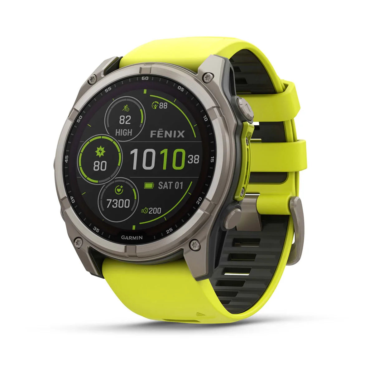 Garmin fēnix 8 – 51 mm Solar Sapphire Titanium with Amp Yellow / Graphite Silicone Band