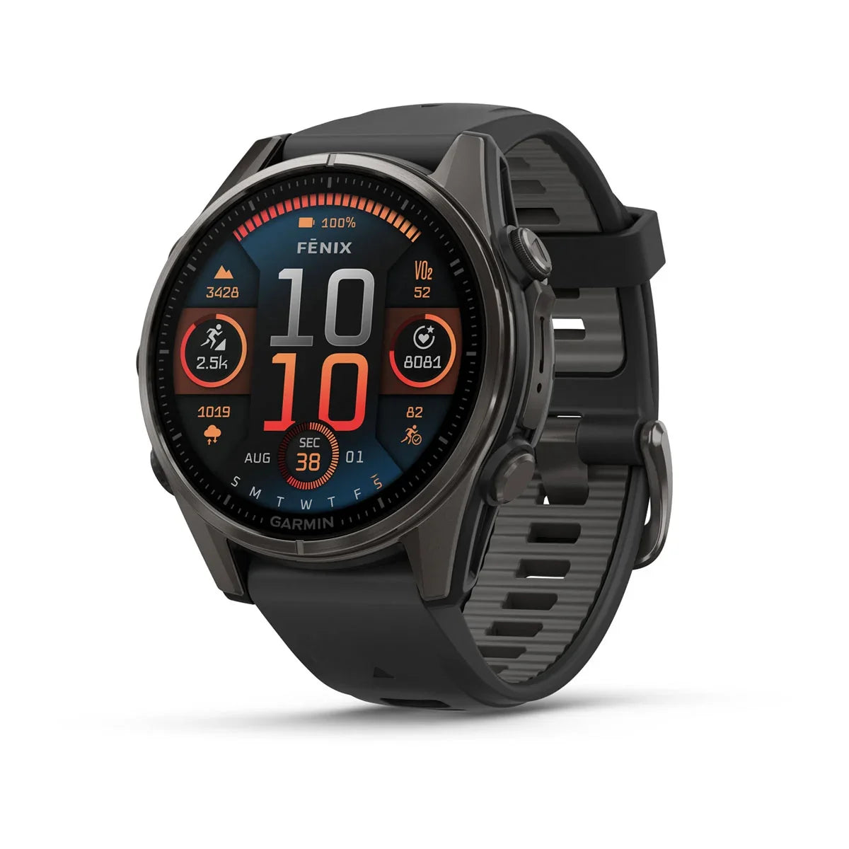 Garmin fēnix 8 – 43 mm AMOLED Sapphire, Carbon Gray DLC Titanium with Black / Pebble Gray Silicone Band