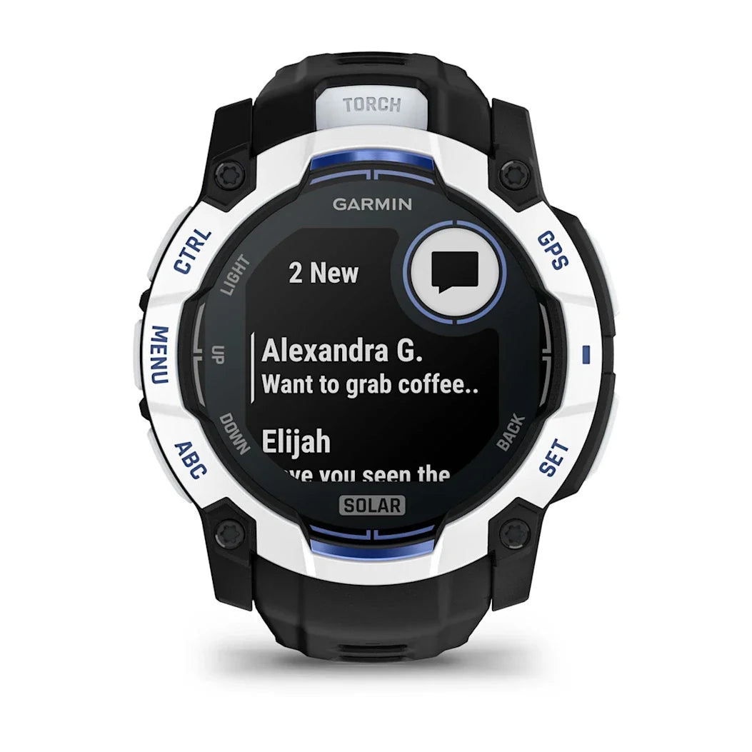 Garmin Instinct 3 – 50 mm Solar Whitestone with Black / Bolt Blue Band