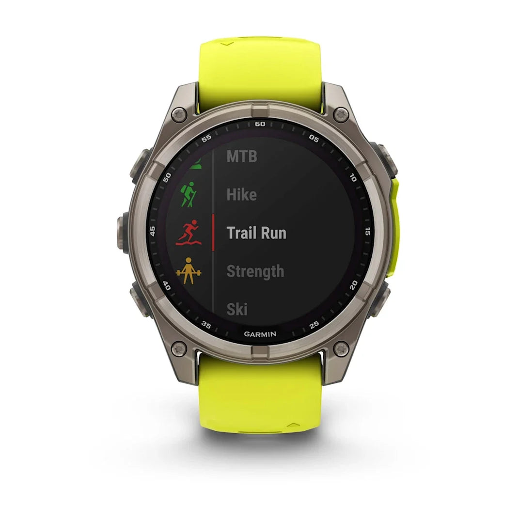 Garmin fēnix 8 – 47 mm Solar Sapphire Titanium with Amp Yellow / Graphite Silicone Band