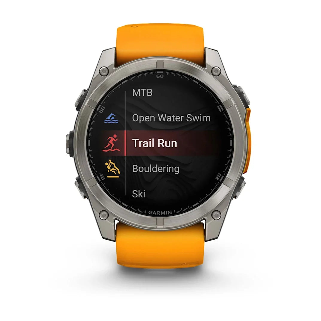 Garmin fēnix 8 – 51 mm AMOLED Sapphire Titanium with Spark Orange / Graphite Silicone Band