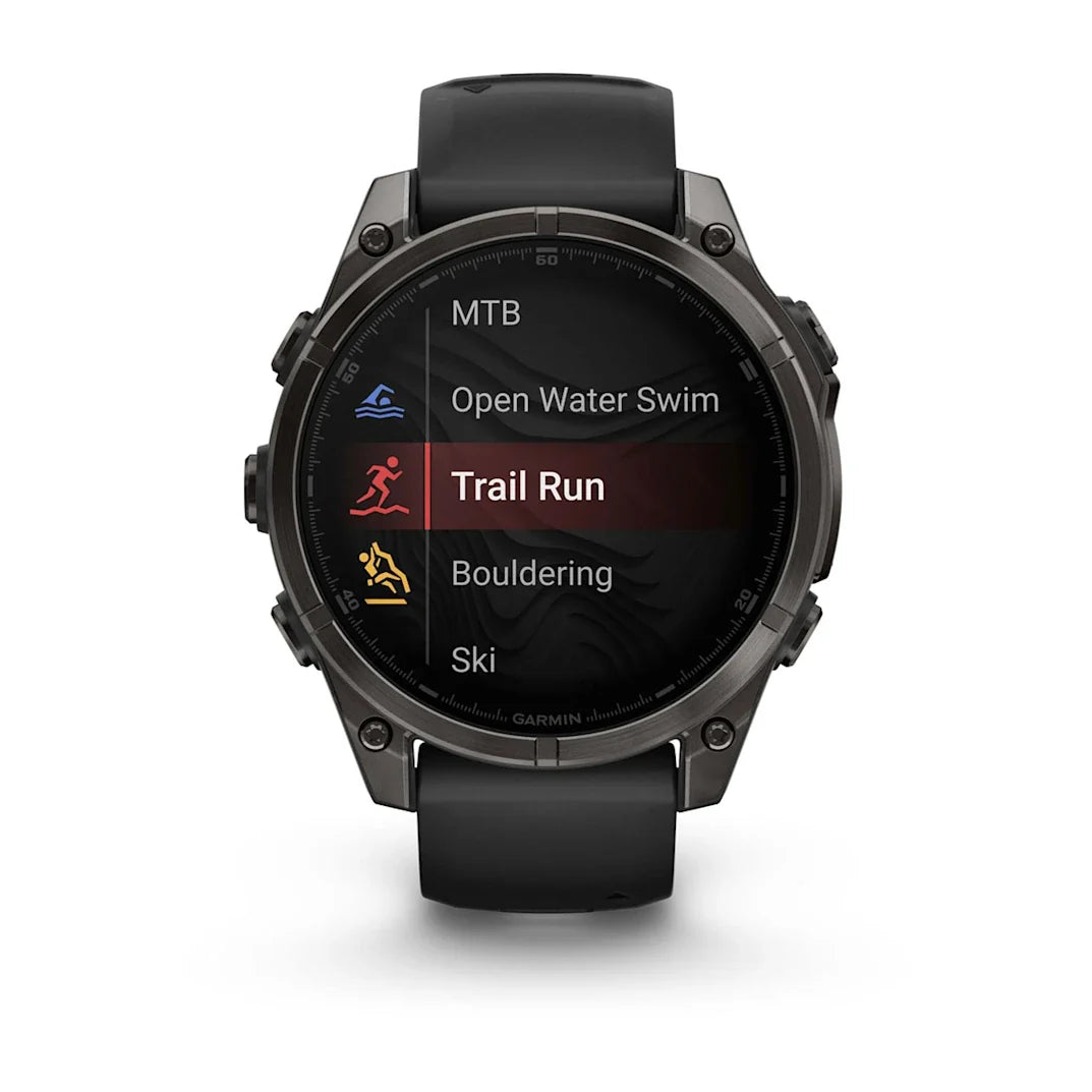 Garmin fēnix 8 – 47 mm AMOLED Sapphire Carbon Gray DLC Titanium with Black / Pebble Gray Silicone Band