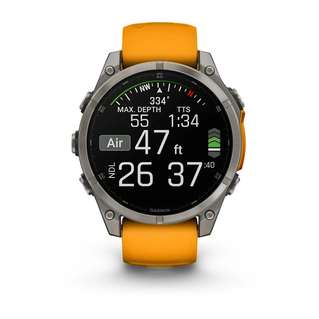 Garmin fēnix 8 – 47 mm AMOLED Sapphire Titanium with Spark Orange / Graphite Silicone Band