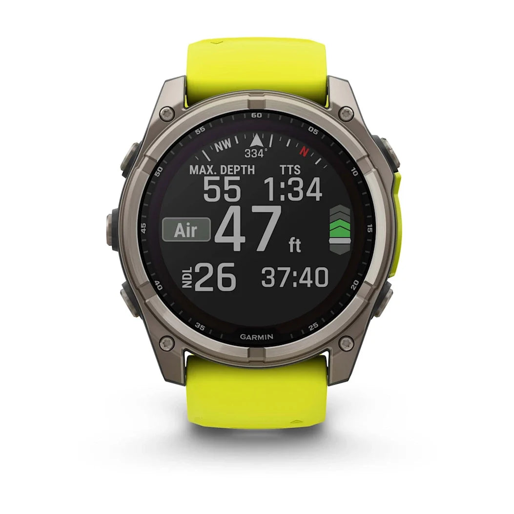 Garmin fēnix 8 – 51 mm Solar Sapphire Titanium with Amp Yellow / Graphite Silicone Band