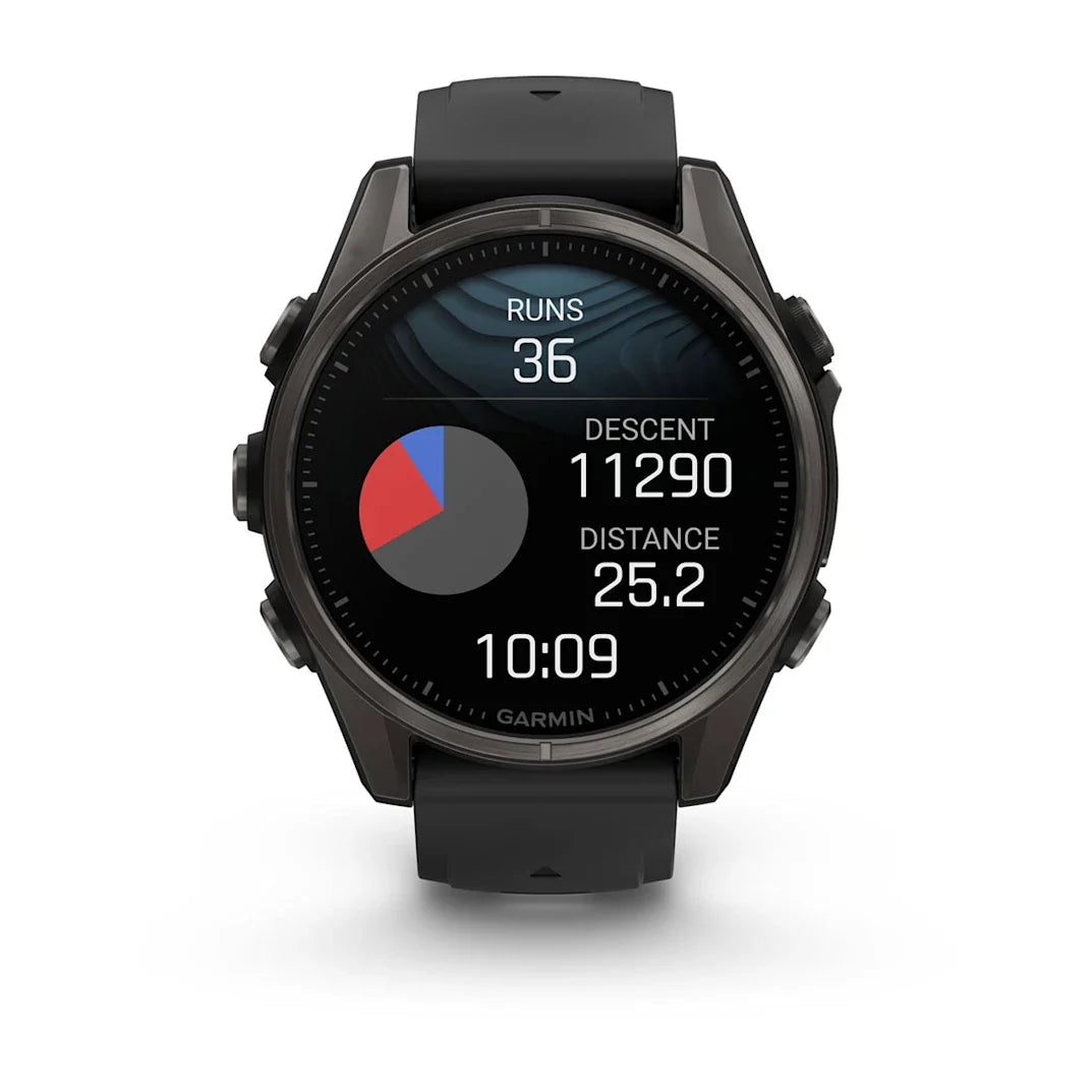 Garmin fēnix 8 – 43 mm AMOLED Sapphire, Carbon Gray DLC Titanium with Black / Pebble Gray Silicone Band