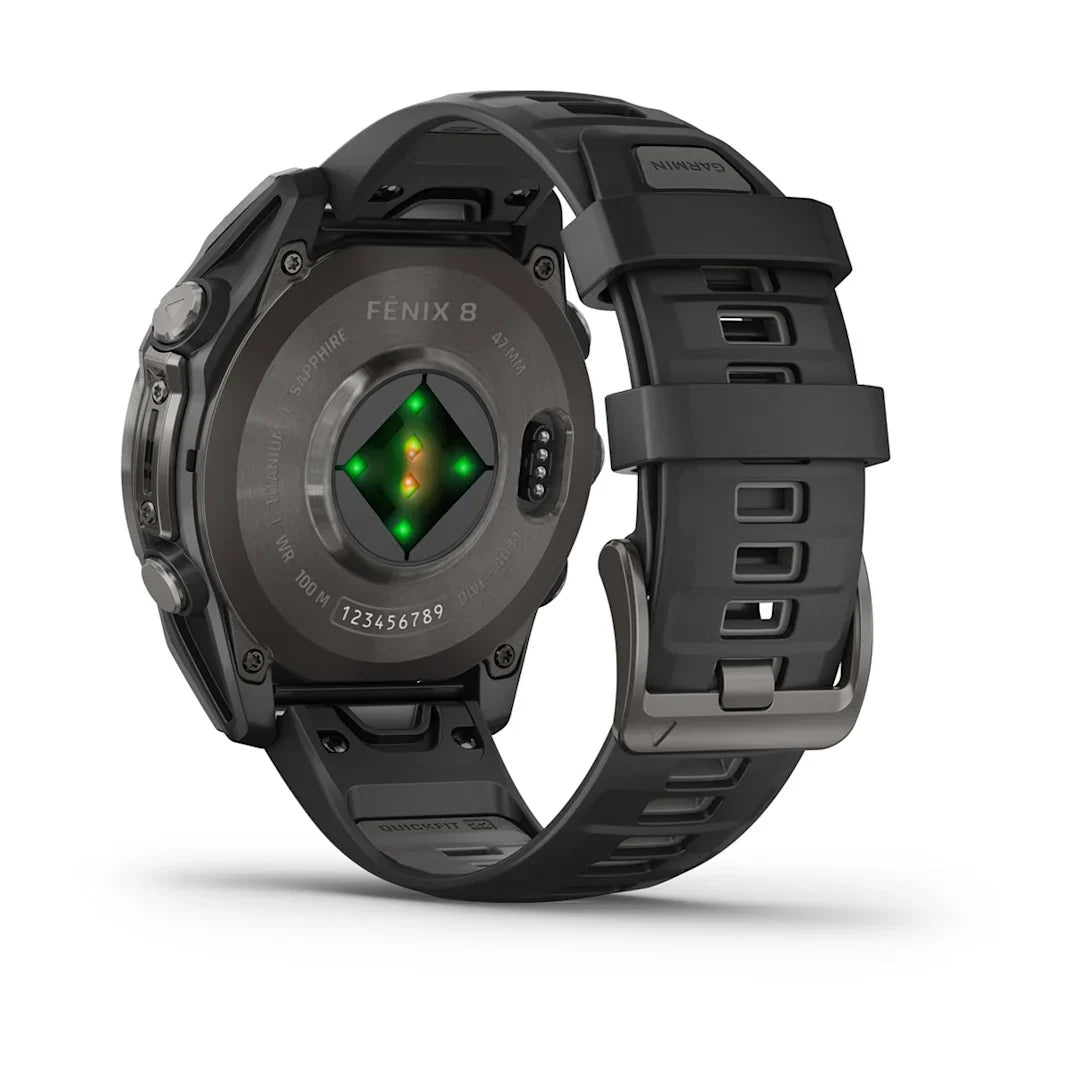 Garmin fēnix 8 – 47 mm AMOLED Sapphire Carbon Gray DLC Titanium with Black / Pebble Gray Silicone Band
