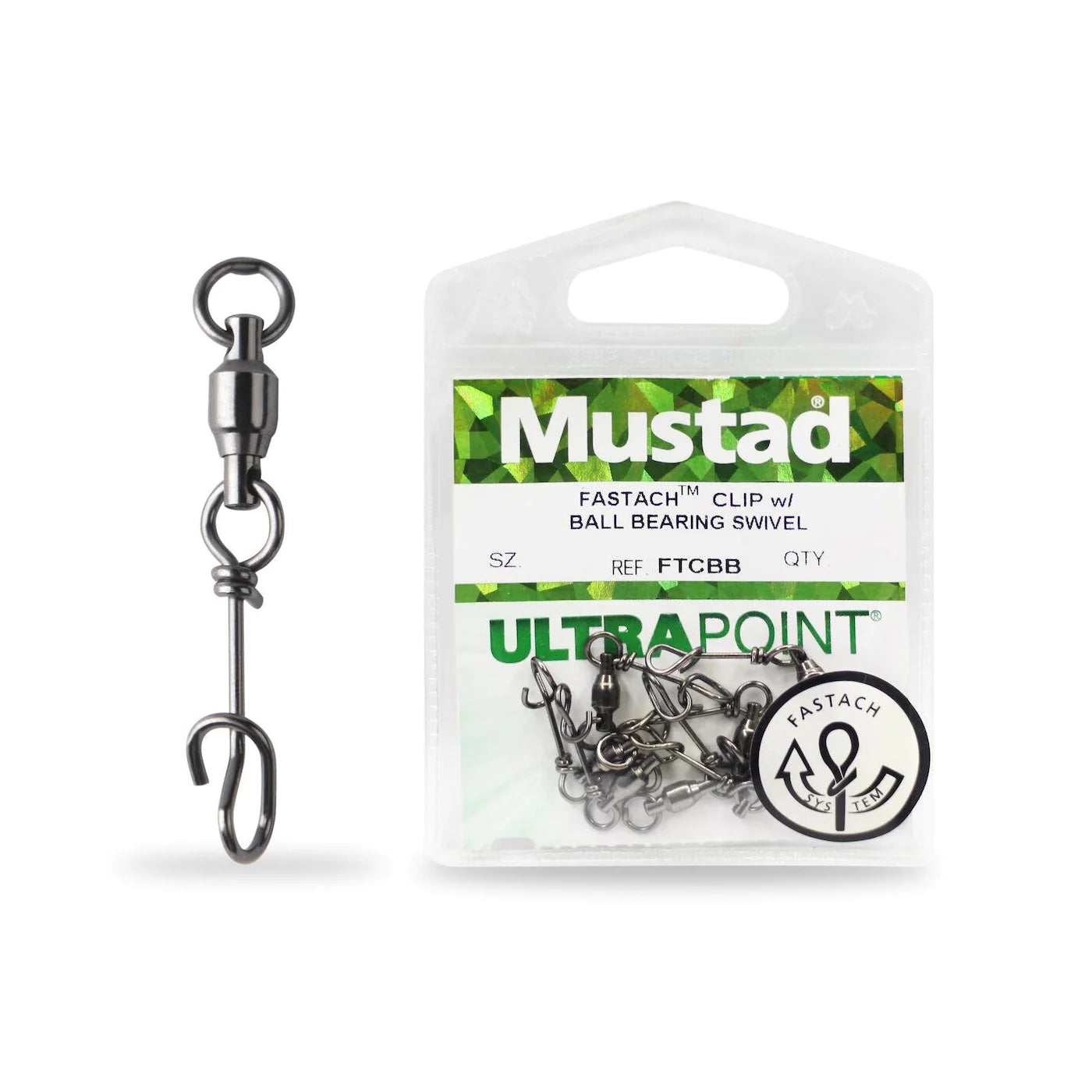 Mustad  Fastach Clip W- Ball Bearing Swivel- Black- S0