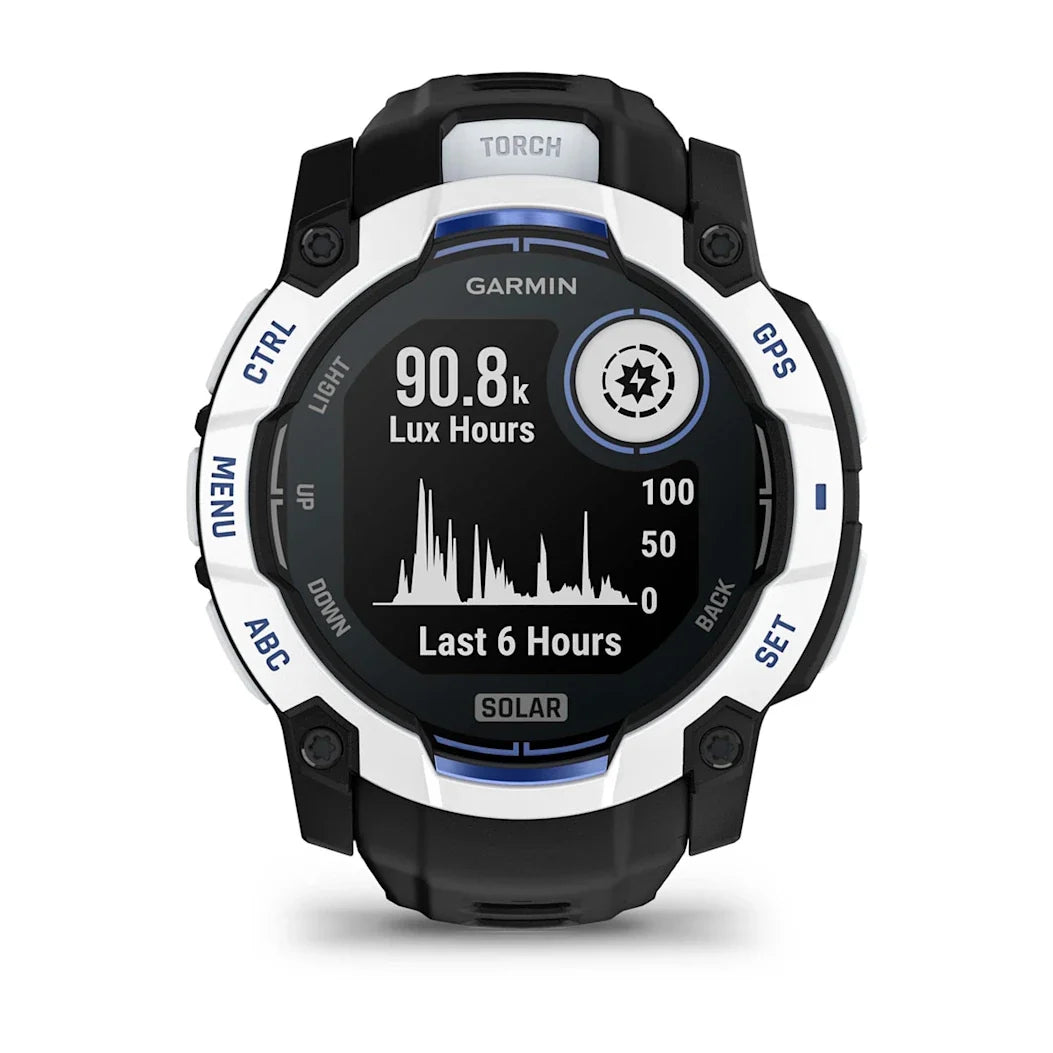 Garmin Instinct 3 – 50 mm Solar Whitestone with Black / Bolt Blue Band