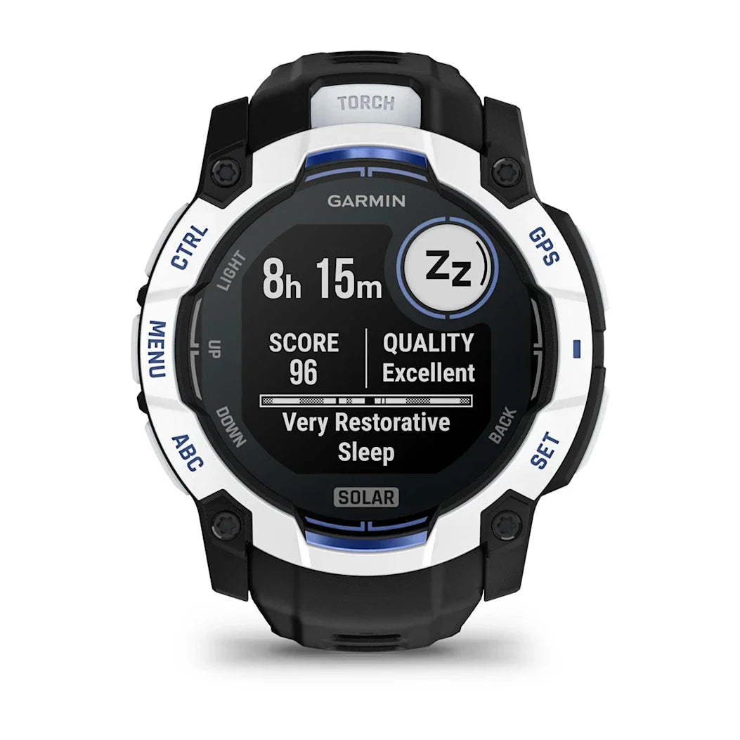 Garmin Instinct 3 – 50 mm Solar Whitestone with Black / Bolt Blue Band