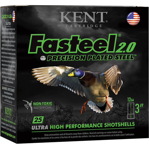 Kent Cartridge Fasteel 2.0 Waterfowl 12 Gauge Ammunition 25 Rounds 3" Shell #2 Zinc-Plated Steel Shot 1 1/8oz 1560fps