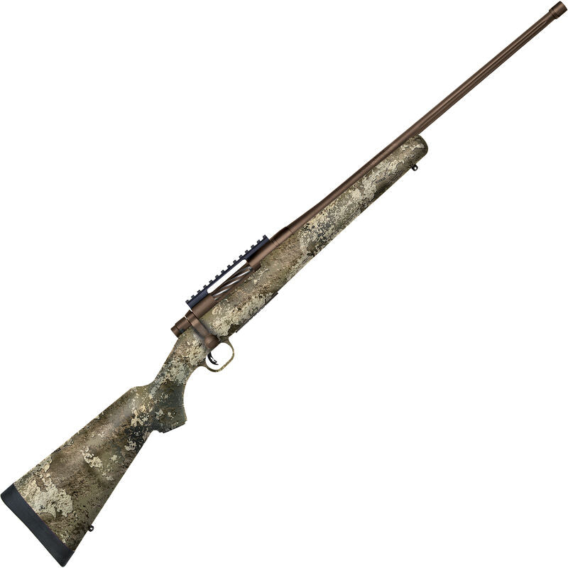 Mossberg Patriot Predator Bolt Action Rifle .243 Win 22" Fluted Threaded Barrel 5 Rounds Strata Camo Synthetic Stock Brown Cerakote Finish