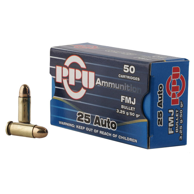 Prvi Partizan PPU .25 ACP Ammunition 50 Rounds 50 Grain Full Metal Jacket 770fps