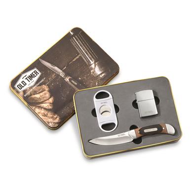 Old Timer Folding Knife with Lighter and Cigar Cutter in Gift Tin