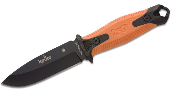 Browning Ignite 2 Fixed Blade Knife 3.98" Black Drop Point, Black/Orange Rubberized Polymer Handles, Injection Molded Sheath
