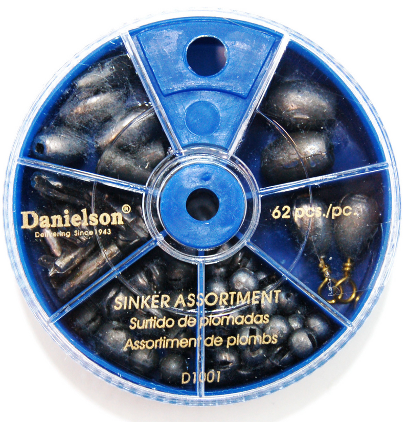 Danielson 62Pc Assorted Dial Box Fishing Slip Shot Pinch On Sinkers Weights