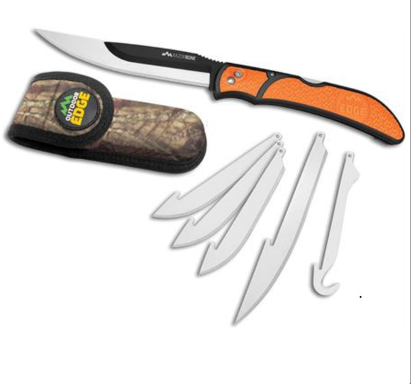 Outdoor Edge RazorBone Orange Folding Replacement Blade Knife with 6 Blades and Camo Sheath Box Packaging