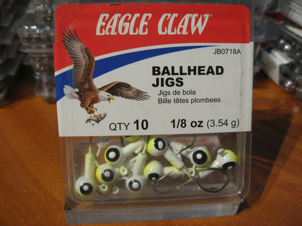 Eagle Claw Ballhead Fishing Jigs 1/8 oz White & Chartreuse Ball Heads & Hooks 10 Pack