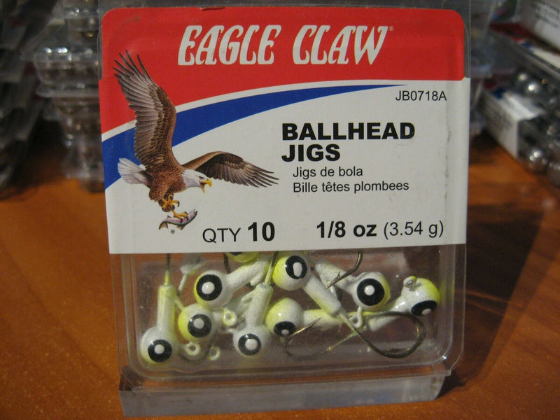 Eagle Claw Ballhead Fishing Jigs 1/8 oz White & Chartreuse Ball Heads & Hooks 10 Pack